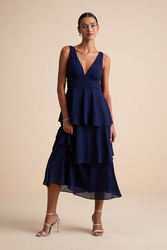 Celebration Time Navy Blue Sleeveless Tiered Midi Dress #Color_Navy Blue