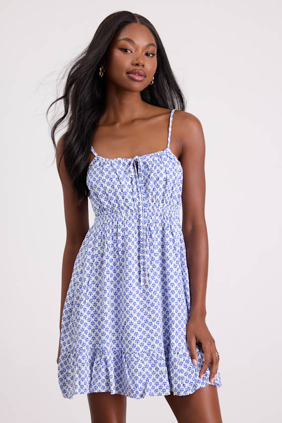 Grecian Getaway Blue and White Print Mini Dress #Color_Blue and White Print