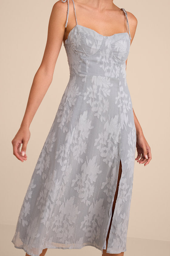Loveliest Looks Burgundy Floral Jacquard Tie-Strap Midi Dress