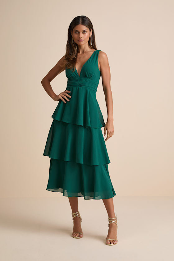 Celebration Time Navy Blue Sleeveless Tiered Midi Dress #Color_Emerald Green