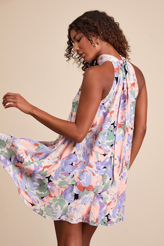 Tied Back To You Lavender Multi Floral Print Mini Shift Dress #Color_Lavender Multi Floral Print