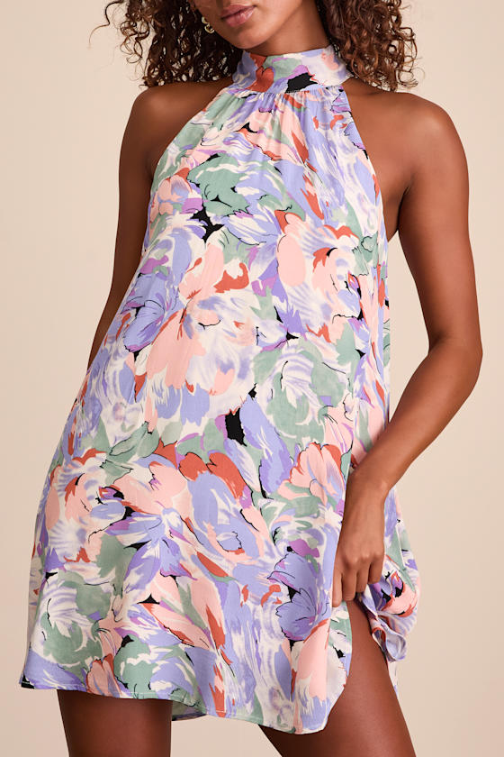 Tied Back To You Lavender Multi Floral Print Mini Shift Dress #Color_Lavender Multi Floral Print