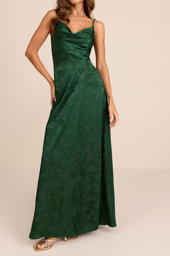 Simply Dreamy Emerald Green Satin Floral Jacquard Maxi Dress
