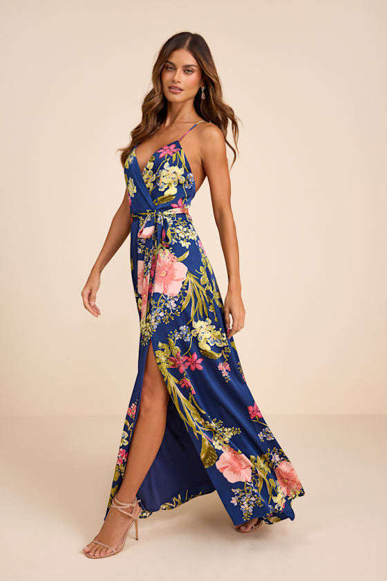Still the One Blush Pink Floral Print Satin Maxi Dress #Color_Blue Floral Print
