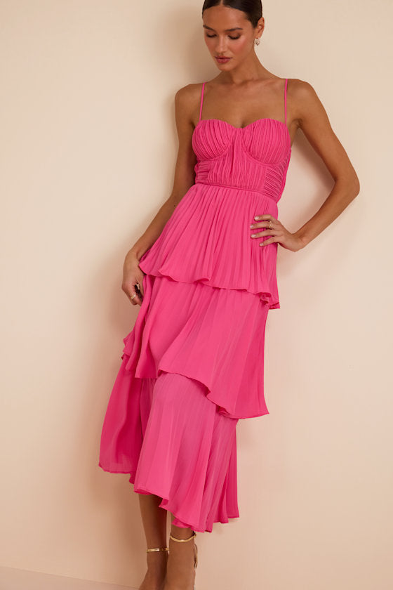 Cascading Crush Blush Pink Tiered Bustier Midi Dress