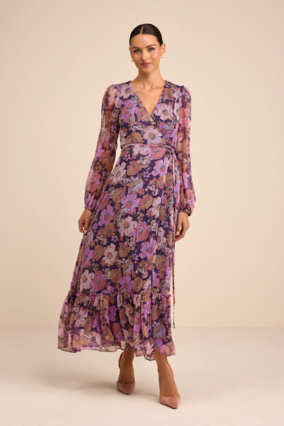 Feeling Sweet Navy Floral Print Long Sleeve Wrap Maxi Dress #Color_Purple Floral Print