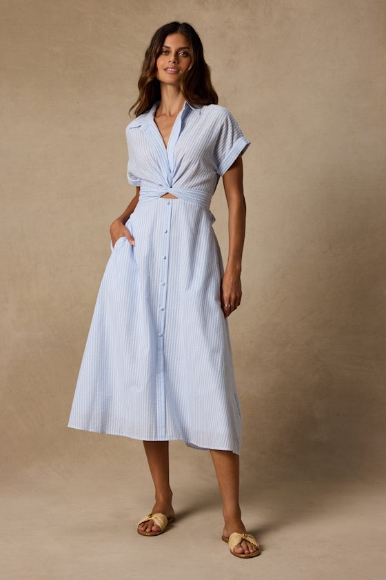 Adorable Impression White and Blue Midi Dress With Pockets #Color_White and Blue