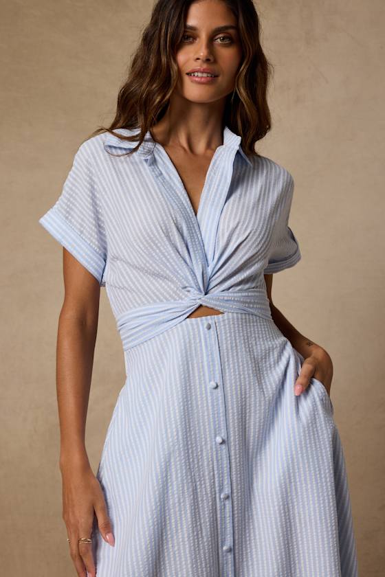 Adorable Impression White and Blue Midi Dress With Pockets #Color_White and Blue