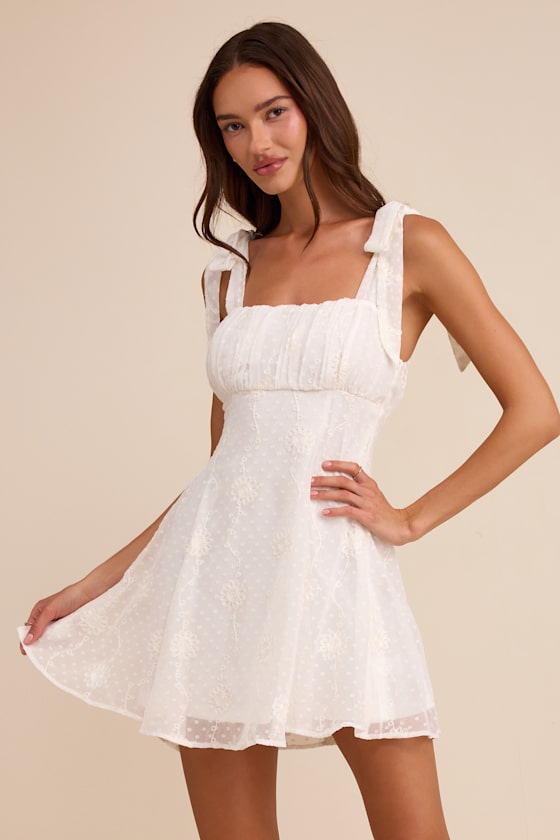 Adorable Approach White Floral Embroidered Tie-Strap Mini Dress #Color_White