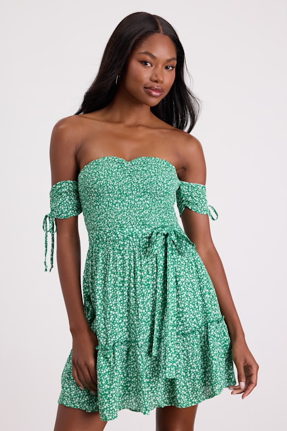 Sweetest Feelings Green Floral Off-the-Shoulder Mini Dress #Color_Green Floral
