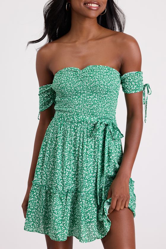 Sweetest Feelings Green Floral Off-the-Shoulder Mini Dress #Color_Green Floral