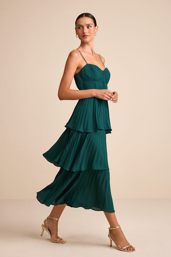 Cascading Crush Black Tiered Bustier Midi Dress #Color_Emerald
