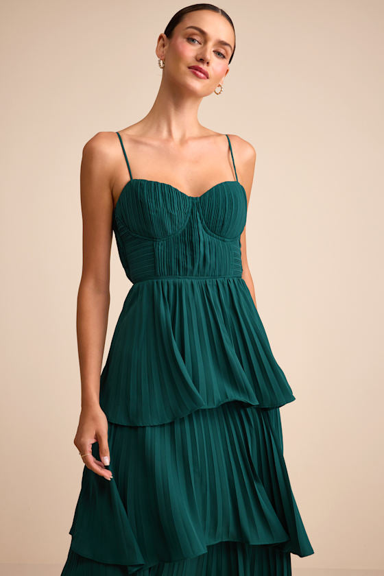 Cascading Crush Emerald Tiered Bustier Midi Dress #Color_Emerald