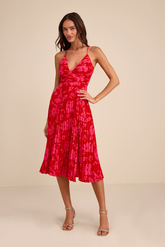 Vibrant Moment Red and Pink Floral Pleated Lace-Up Midi Dress #Color_Red and Pink Floral