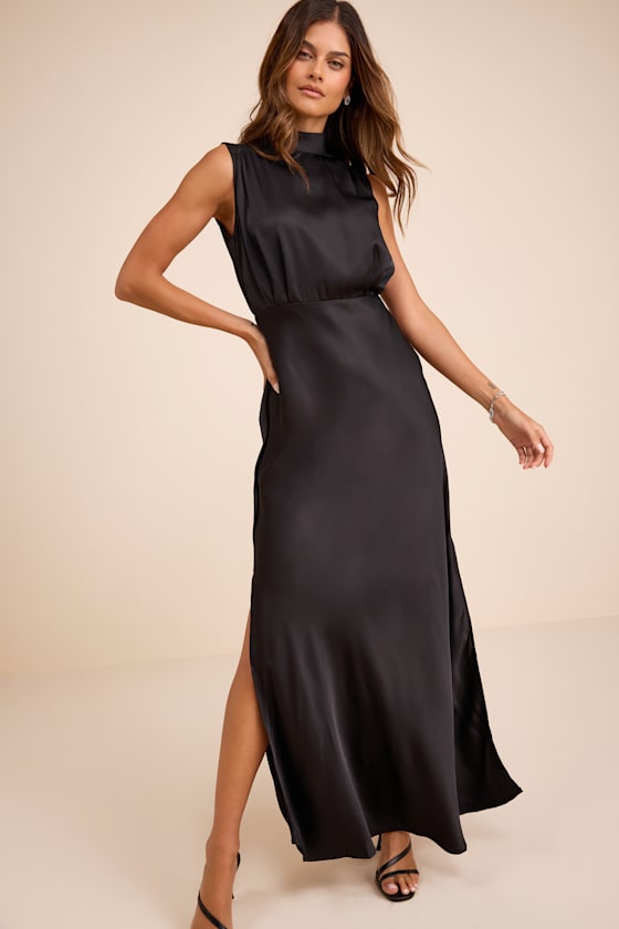 Classic Elegance Wine Satin Maxi Dress #Color_Black