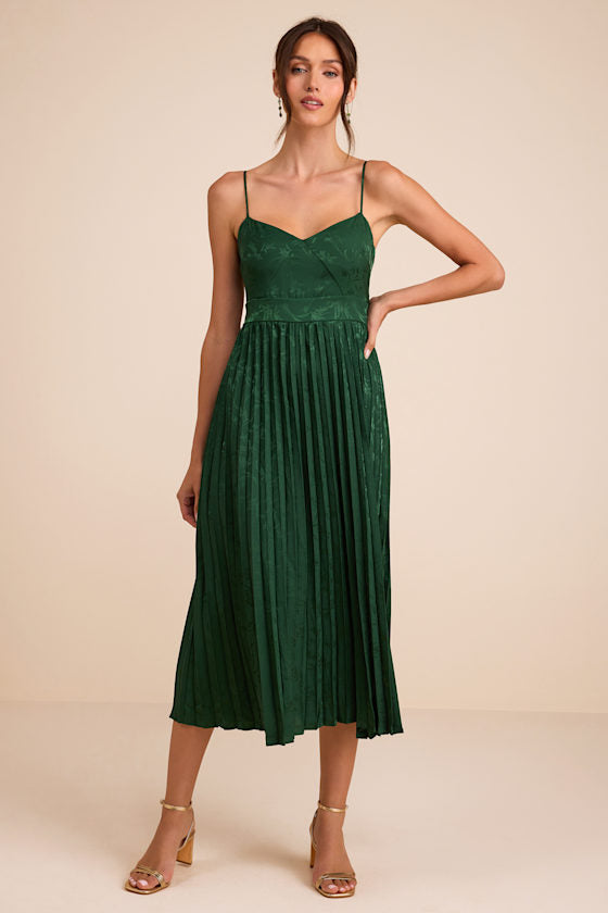 Regal Romance Black Floral Jacquard Pleated Satin Midi Dress
