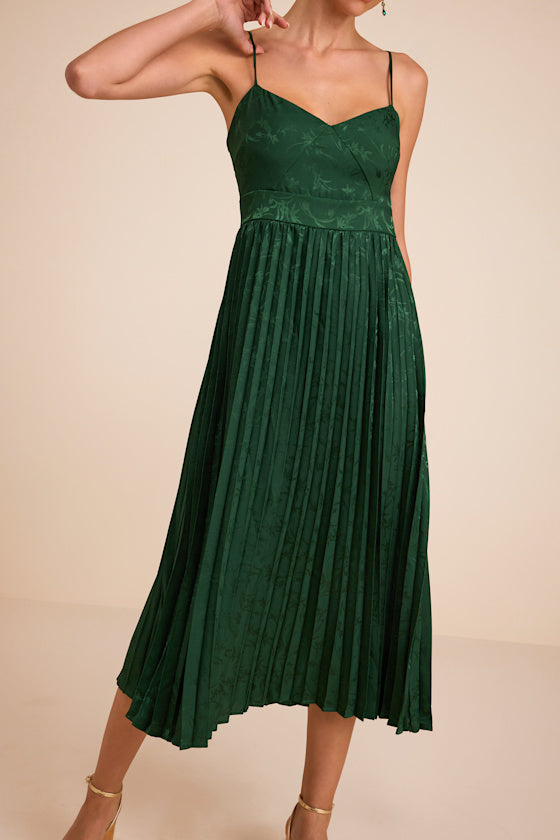 Regal Romance Black Floral Jacquard Pleated Satin Midi Dress