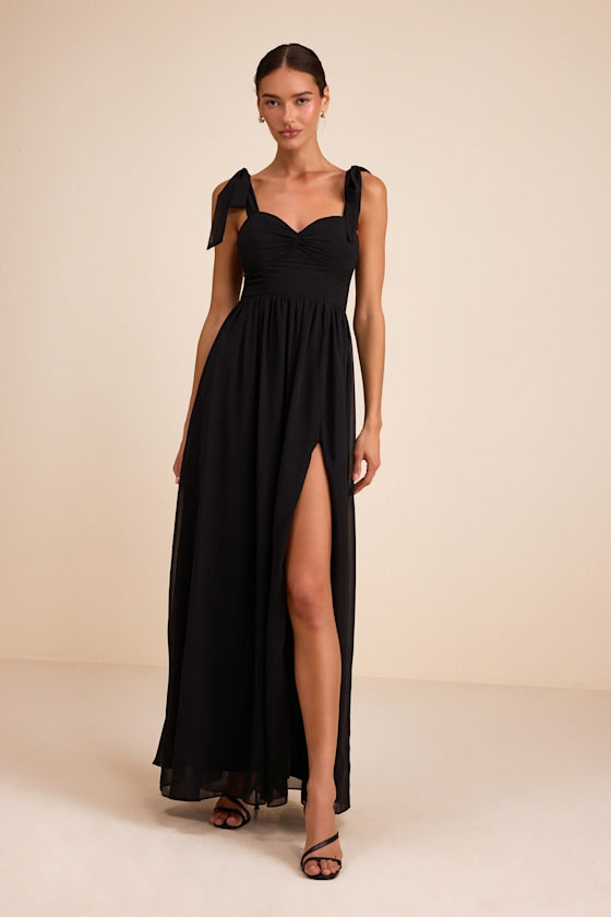Radiant Charisma Navy Chiffon Ruched Tie-Strap Maxi Dress