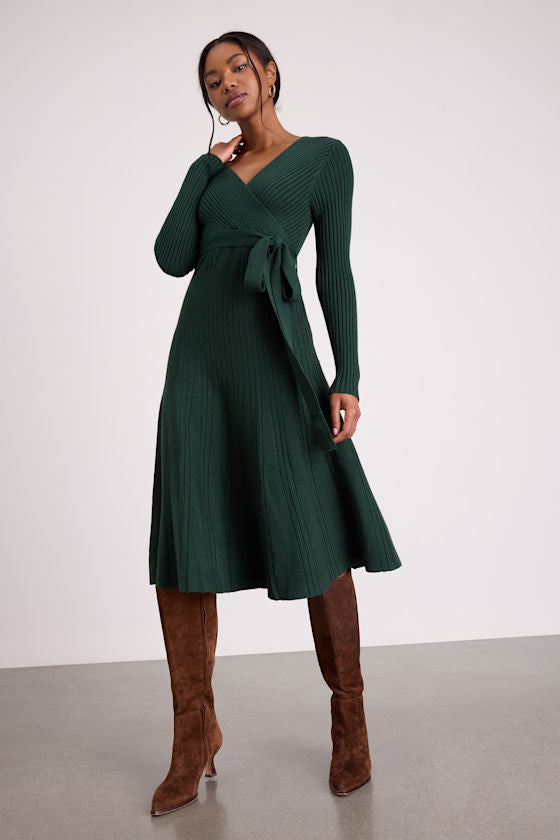 Warm Emotions Emerald Green Skater Midi Sweater Dress #Color_Emerald Green
