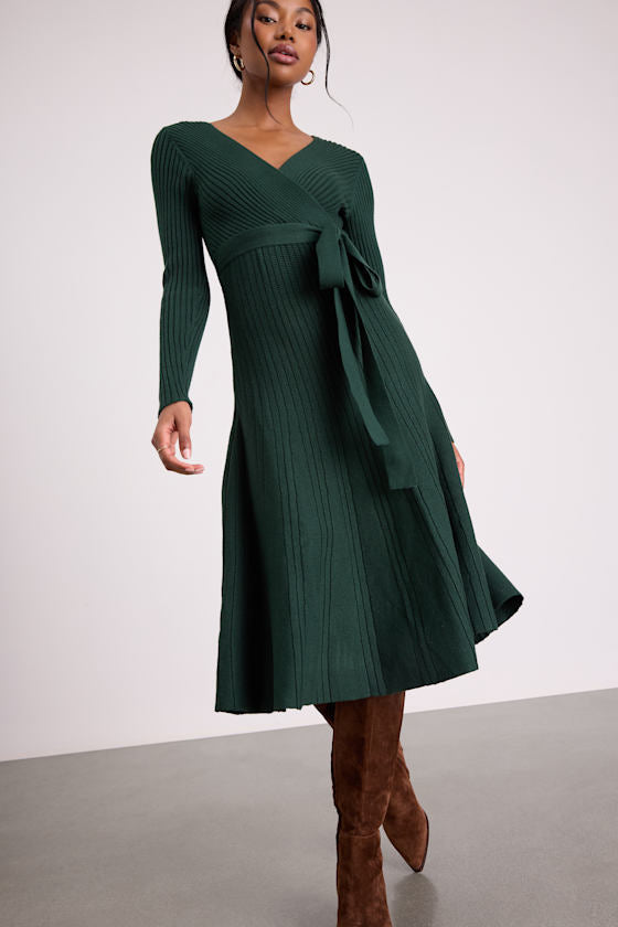 Warm Emotions Emerald Green Skater Midi Sweater Dress #Color_Emerald Green