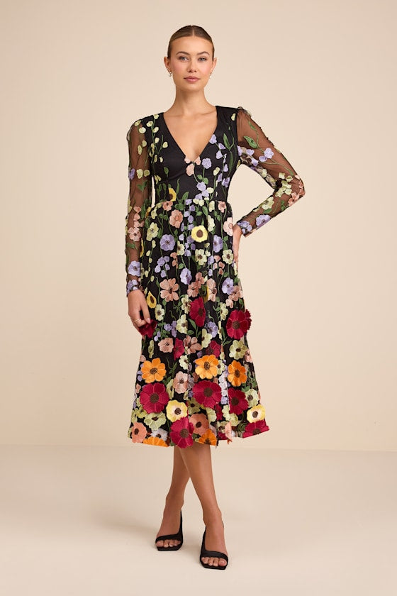 Impressive Blossom Black 3D Floral Embroidered Midi Dress #Color_Black