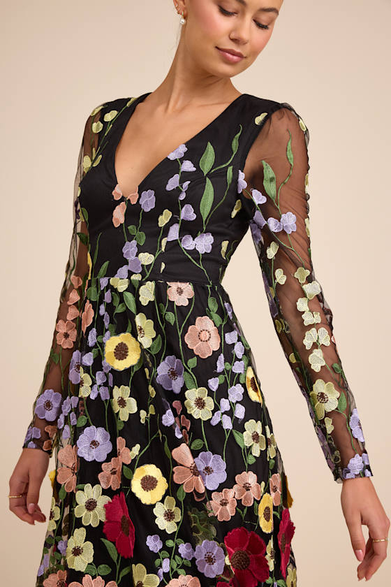 Impressive Blossom Black 3D Floral Embroidered Midi Dress #Color_Black