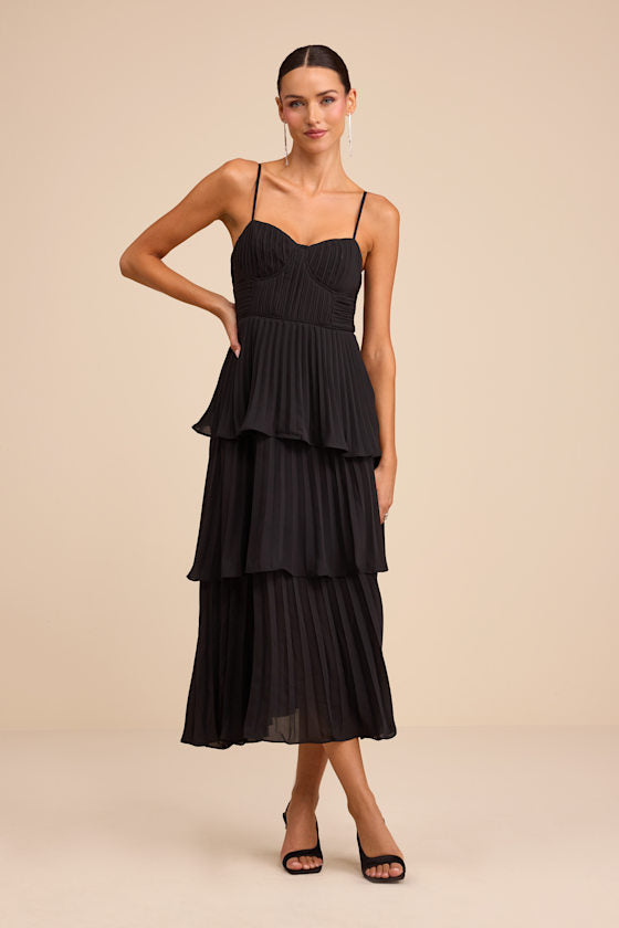 Cascading Crush Blush Pink Tiered Bustier Midi Dress #Color_Black