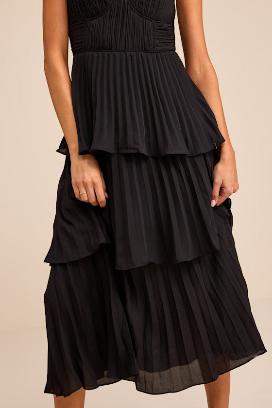 Cascading Crush Light Blue Tiered Bustier Midi Dress