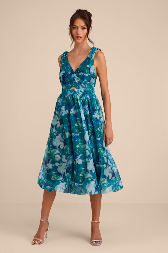 Flowering Day Dream Magenta Floral Organza Midi Bubble Dress