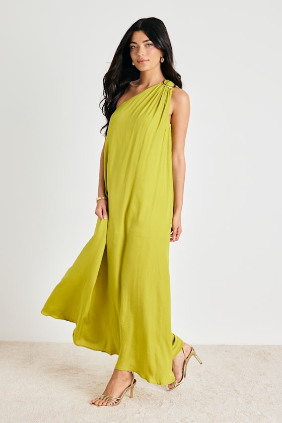 Goddess Aura Black Satin One-Shoulder Maxi Dress