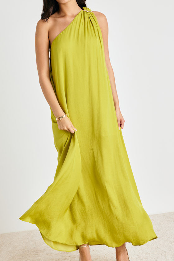 Goddess Aura Black Satin One-Shoulder Maxi Dress