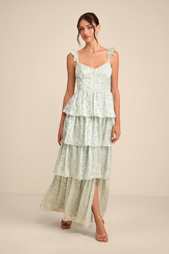 Stunning Glory Light Pink Floral Jacquard Tiered Maxi Dress #Color_Sage Green Floral