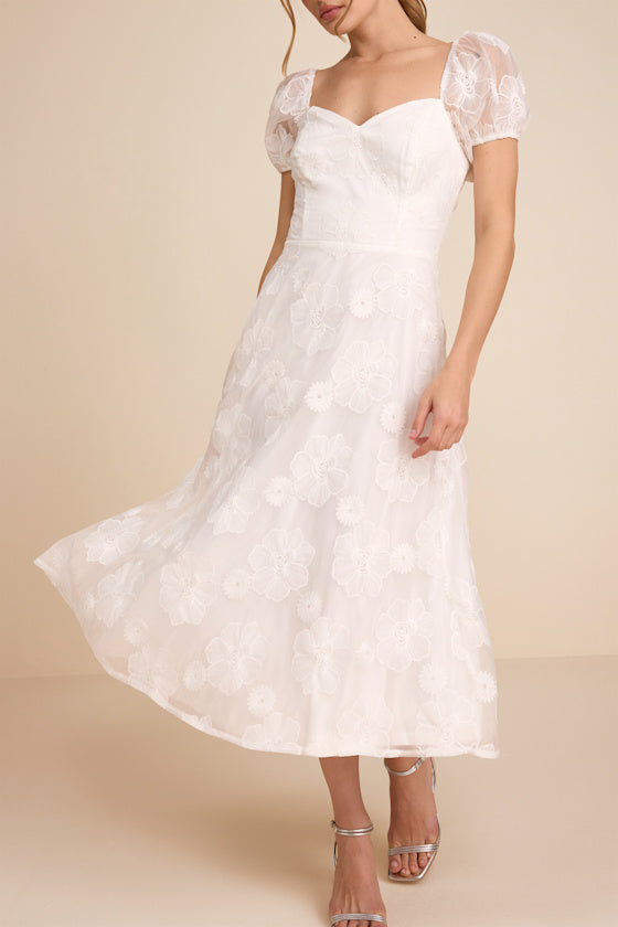 Sweetest Behavior White Embroidered Puff Sleeve Midi Dress #Color_White