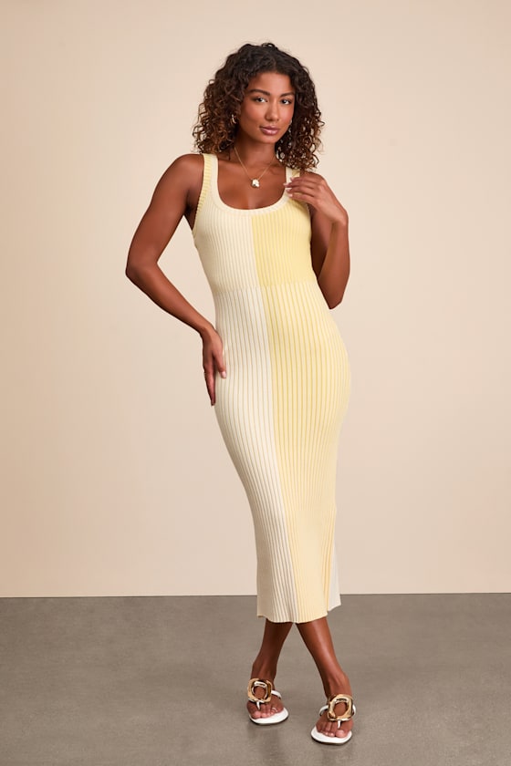 Radiant Personality Blue Color Block Ribbed Knit Midi Dress #Color_Yellow Color Block