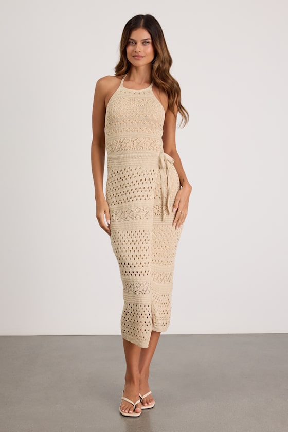 Blissful Strolls Beige Crochet Faux-Wrap Halter Midi Dress #Color_Beige