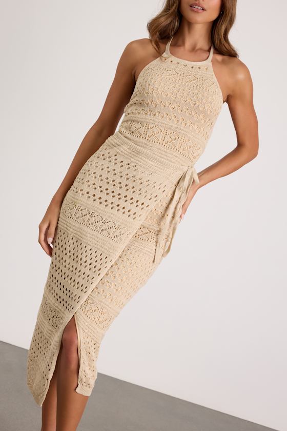 Blissful Strolls Beige Crochet Faux-Wrap Halter Midi Dress #Color_Beige