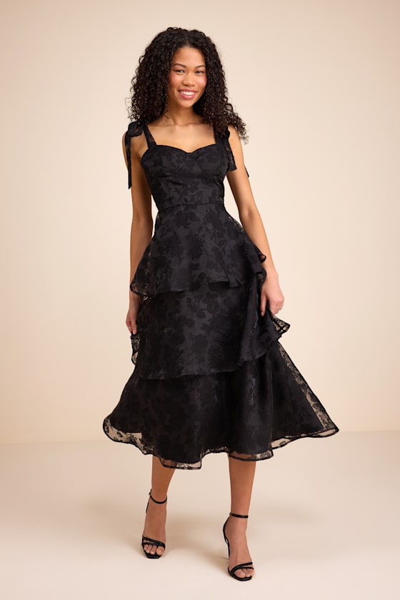 Glamorous Sweetie Black Burnout Tie-Strap Bustier Midi Dress #Color_Black