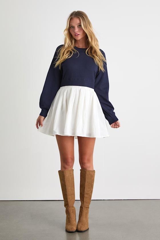 Contemporary Comfort Navy Layered Pleated Sweater Mini Dress #Color_Navy