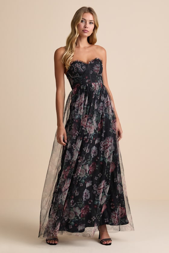 Stately Entrance Black Floral Mesh Strapless Maxi Dress
