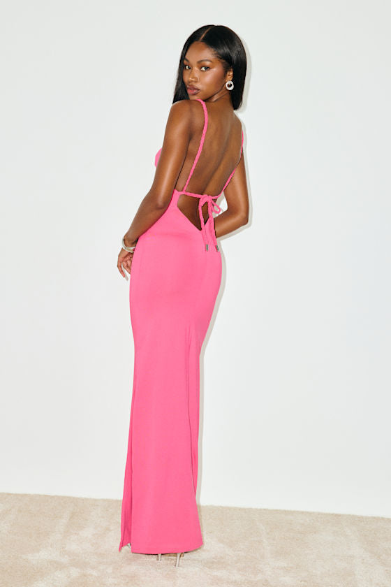 Dynasty Hot Pink Slinky Knit Backless Maxi Dress #Color_Hot Pink