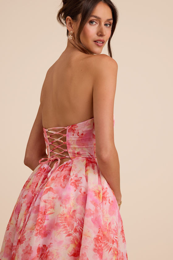 Eulalia Dark Blue Floral Lace-Up Strapless Bustier Midi Dress