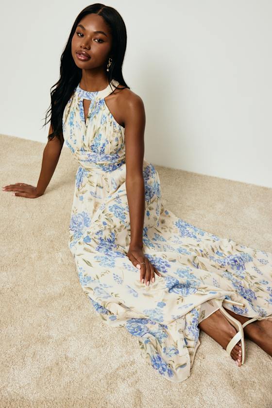 Sintra Beige and Blue Floral Pleated Backless Maxi Dress #Color_Beige and Blue Floral