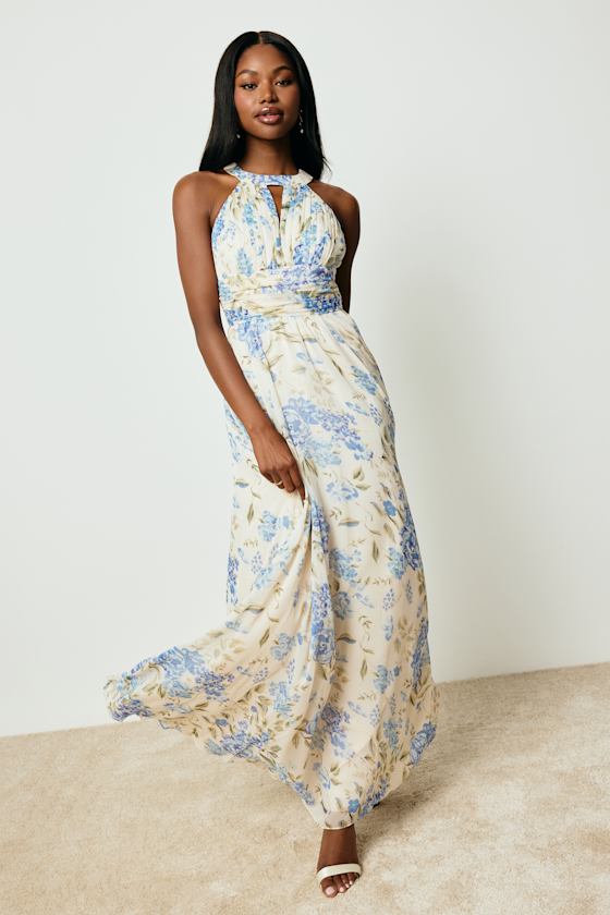 Sintra Beige and Blue Floral Pleated Backless Maxi Dress #Color_Beige and Blue Floral