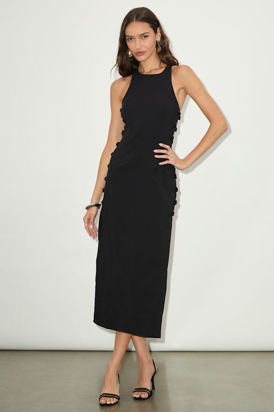 Masterfully Mod White Side Button Midi Dress