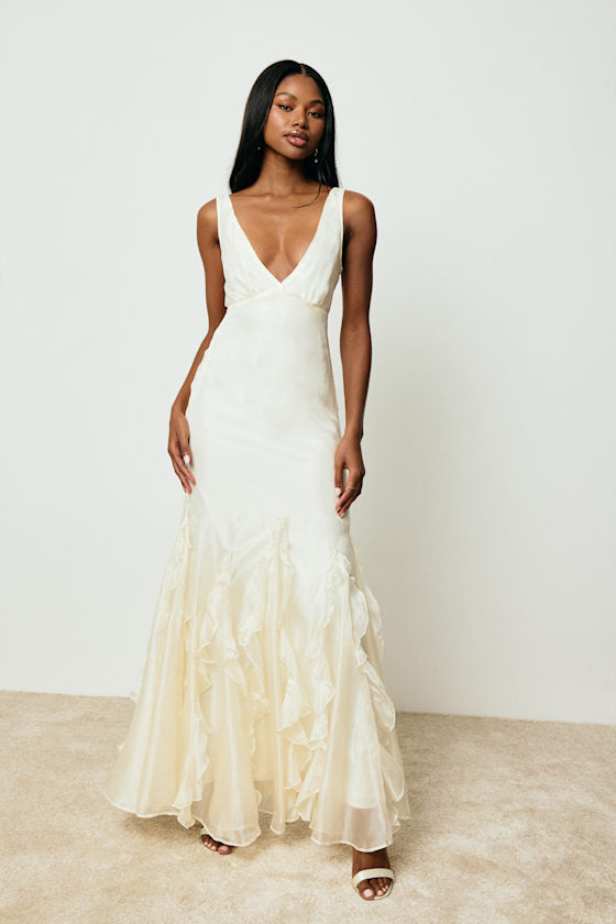 Deluca Ivory Sleeveless Ruffled Maxi Dress #Color_Ivory