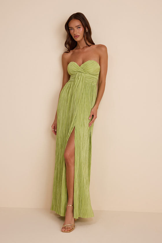 Oswin Light Blue Satin Plisse Strapless Maxi Dress #Color_Lime Green