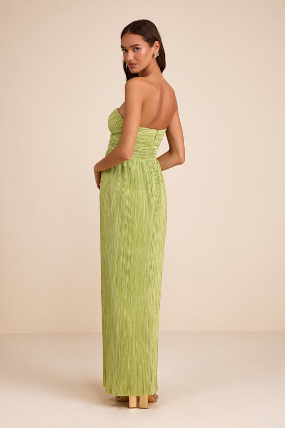 Oswin Light Blue Satin Plisse Strapless Maxi Dress