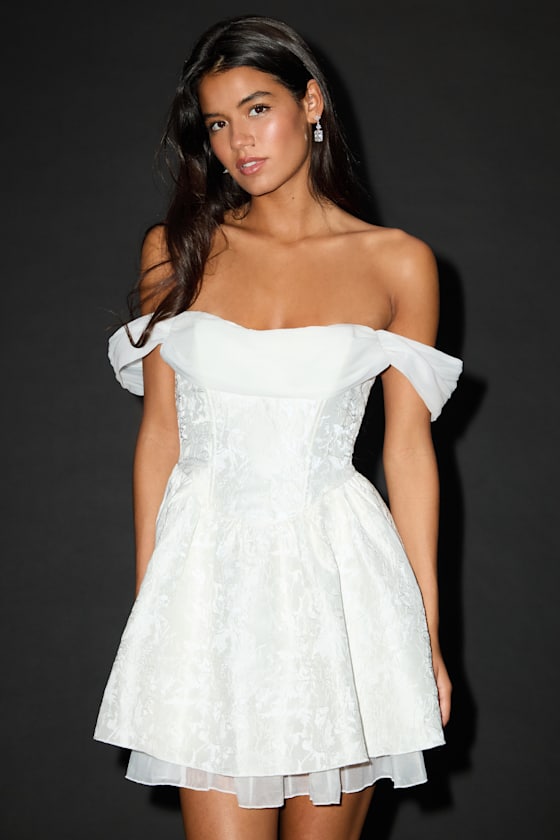 Kalara White Jacquard Off-the-Shoulder Mini Dress #Color_White
