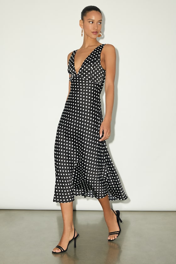 Incredible Love Light Orange Satin Cowl Back Midi Slip Dress #Color_Black Polka Dot
