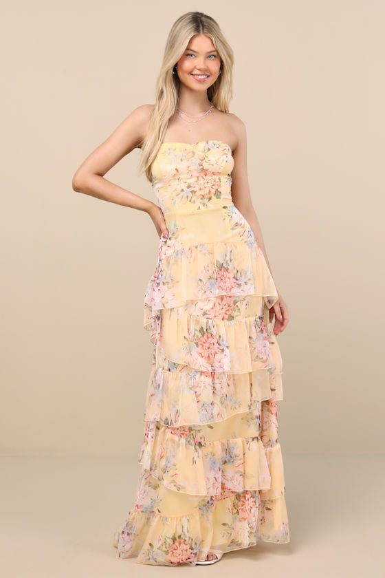 Niyati Blush Floral Strapless Tiered Maxi Dress #Color_Yellow Floral